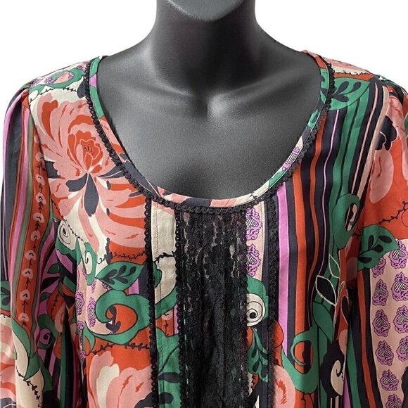 Silk Odille 3/4 Sleeve Floral Multicolor Tier Tunic Black Lace Trim Women’s 8 - Picture 2 of 14